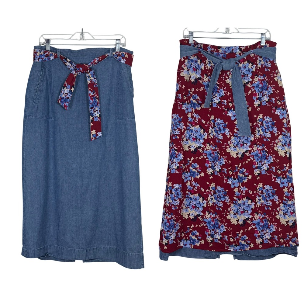 Vintage Women Reversible Denim Floral Midi Skirt Size 14 Cottagecore Prairie 90s